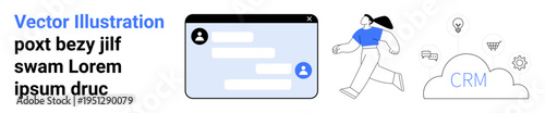 Customer management, team collaboration, cloud technology, digital marketing, messaging platforms, communication solutions. CRM cloud, chat interface and user. Customer management and collaboration