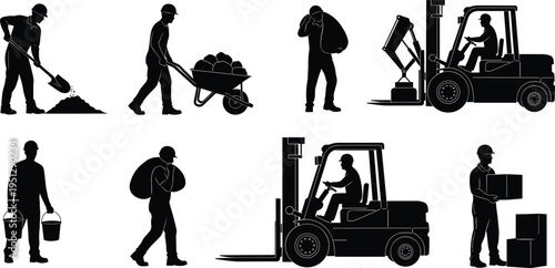 Construction worker silhouettes performing manual labor tasks with wheelbarrow, lifting, carrying loads and forklift operation, representing industrial workforce