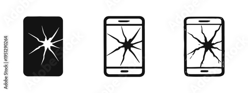 Star-Cracked Smartphone Screen Icon Set: Severely Broken Mobile Phone Display Symbols for Damage