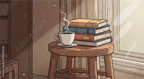Steaming cup of coffee on a wooden stool with a stack of books beside a sunny window in a cozy room
