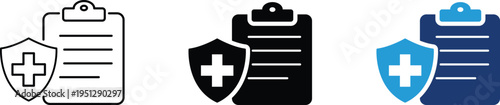 Medical policy icon showing healthcare insurance and administrative clipboard records. Professional illustration for medical billing documentation, and secure healthcare protection protocols.