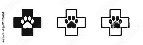 Veterinary cross and paw print icon set for pet healthcare, solid, outline, and hand-drawn styles