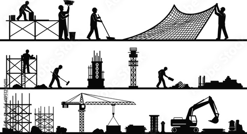 Construction worker silhouettes performing various building tasks with scaffolding, crane and excavator, illustrating industrial labor, engineering processes and infrastructure 