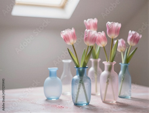 Delicate pink tulips in pastel vases on soft light table