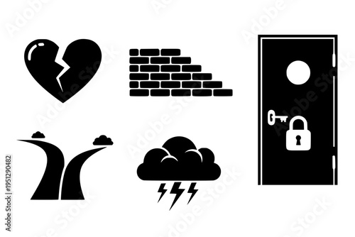 Family Conflict Icons Set Broken Heart Wall Diverging Paths Locked Door Storm Cloud Black Vector