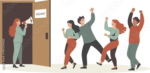 Job vacancy announcement with happy diverse applicants celebrating opportunity, recruitment hiring process, employment opportunity, human resources career growth illustration.