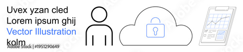 Data protection, cloud security, personal identity, cybersecurity, analytics, information technology. Minimalist person symbol, cloud with lock and a clipboard graph. Data protection and cloud