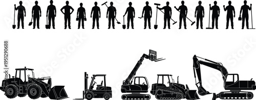 Construction worker silhouettes with hand tools and heavy machinery including loader, forklift, bulldozer and excavator, representing industrial labor, equipment operation and infrastructure 