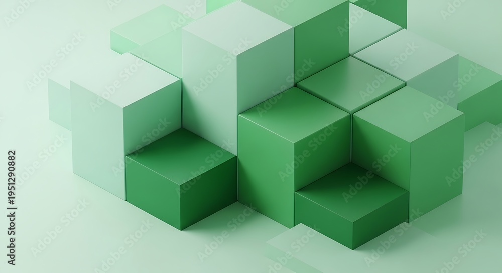 Obraz premium Abstract green cubes arranged in a dynamic, geometric pattern on a light green surface