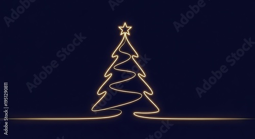 Beautifully illuminated abstract Christmas tree created from a continuous golden glowing line, set against a dark blue background, symbolizing modern holiday cheer.