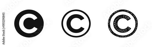 Copyright symbol icon set in solid, outline, and hand-drawn styles, intellectual property graphic