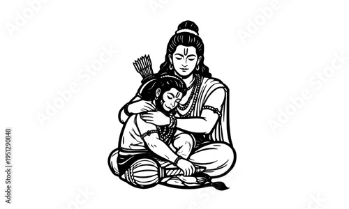 Divine black and white line art illustration of Lord Rama embracing his devotee Hanuman isolated on white background for Ram Navami greetings and spiritual Hindu mythology designs.
