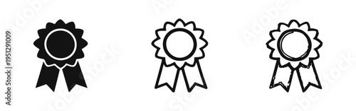 Decorative award badge icon set with ribbons, prize and achievement symbols, vector illustration