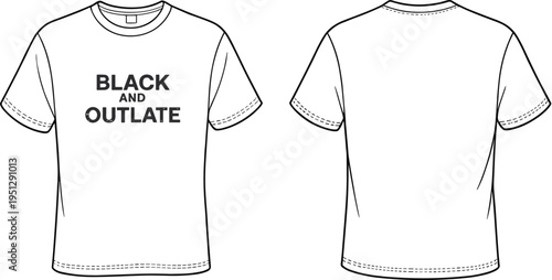 Black and Outlate typography t shirt mockup, front and back view, minimalist apparel template for fashion design branding