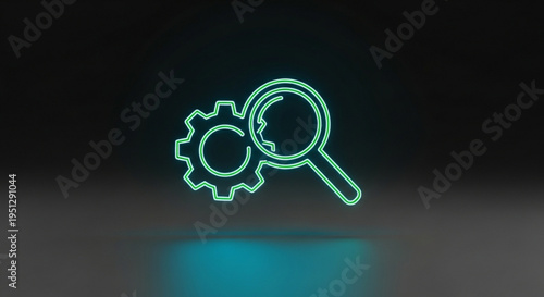 Neon green gear and magnifying glass icon on dark background with blue glow symbolizing inspection and optimization