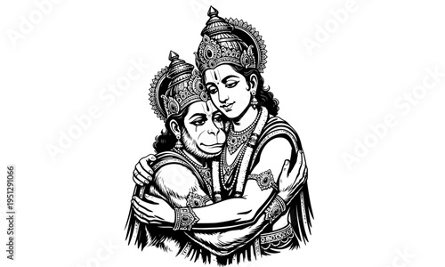 Beautiful black and white vector illustration of Lord Rama embracing his devoted disciple Hanuman representing divine love, spiritual brotherhood, Hindu mythology, and sacred devotion.