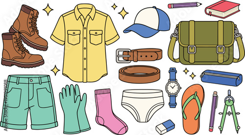 Hand drawn school clothing and accessories collection vector set, boots shirt cap bag stationery outfit illustration