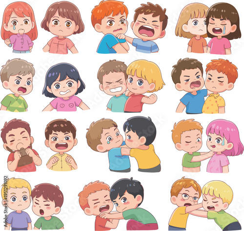 cartoon kids conflict emotions set, fighting arguing crying children characters collection, expressive boys girls interaction vector illustration