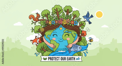 Earth surrounded by lush greenery and animals with protect our earth banner in a sunny landscape