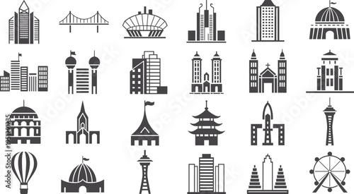 world landmark and architecture icons set, city monuments skyline silhouettes collection, famous buildings vector illustration pack