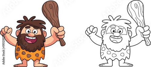 Funny cartoon caveman character with beard holding wooden club, prehistoric man illustration, vector drawing, coloring book page for kids.
