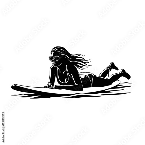 Female Surfer Paddling on a Wave – Active Paddleboard Outline Illustration