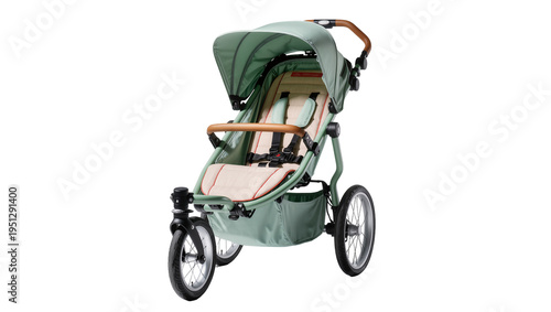 Obraz na plátne Isolated modern three-wheeled jogging stroller for active parents, comfortable and stylish baby transport