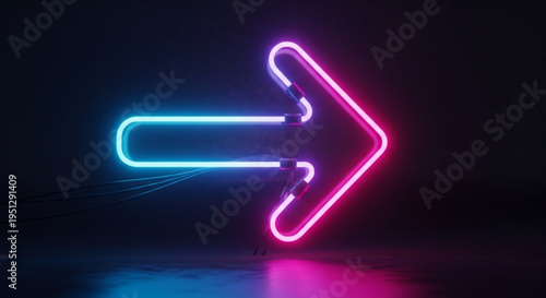 Neon arrow signs in blue and pink pointing right on dark background with reflections