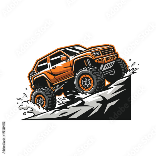 An orange 4x4 car drives up a rugged hill with large tires and a bold design on a white background