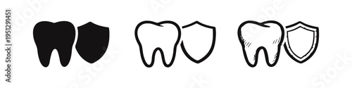 Tooth Protection Shield Icon Set - Dental Health and Care Symbol in Solid, Outline, and Sketch Styles