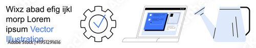 Productivity tools, digital user interfaces, technology innovation, growth strategies, workflow automation, and gardening. A gear check symbol, a laptop screen and a watering can. Productivity