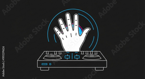 Dj hand mixing music on turntable with colorful sound waves nightlife and entertainment concept