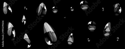 Big transparent rain drops on black background, realistic water effect