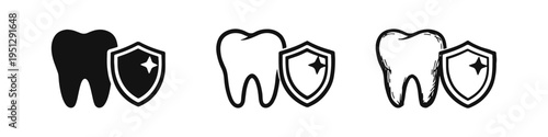 Sparkle Tooth Protection Shield Icons - Dental Hygiene and Oral Care Symbol Set with Shine Effect
