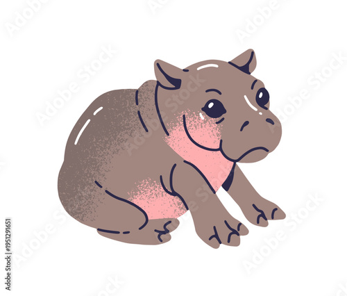 Cute pygmy hippopotamus with shocked emotion. Funny baby hippo with amazed expression. Sad, confused, stunned little animal of Africa sits. Flat isolated vector illustration on white background