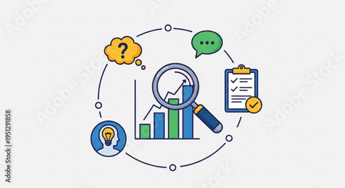 Business analysis concept with magnifying glass bar chart clipboard and thought bubbles on white background