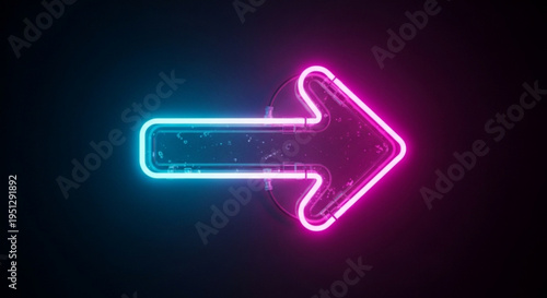 Neon arrow sign with blue and pink glowing lights on dark background direction indicator
