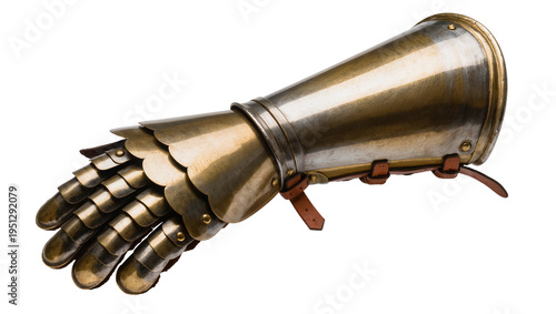 Φωτογραφία Isolated medieval gauntlet made of polished metal and leather straps, historical