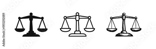 Scales of justice icon, symbol of balance, equality, and law in three distinct styles, representing fairness and legal rights