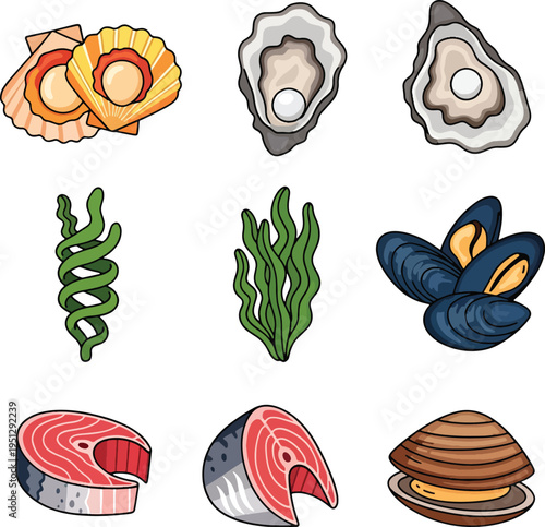 Seafood Vector Set  Scallop, Oyster, Mussel, Salmon Steak, Fish Fillet, Clam, Seaweed Icons Collection