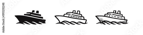 Cruise ship icon, symbol of sea travel, vacation, and luxury tourism in three styles, representing maritime journey