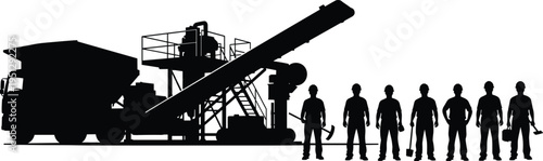 Silhouette of construction workers with asphalt paving machine and dump truck, representing road construction, heavy machinery operation, manual labor and infrastructure 