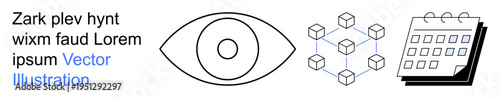 Visual include technology, planning, cryptography, scheduling, digital innovation, and design concepts. Features an eye graphic, interconnected blocks and a calendar. Technology and planning focus