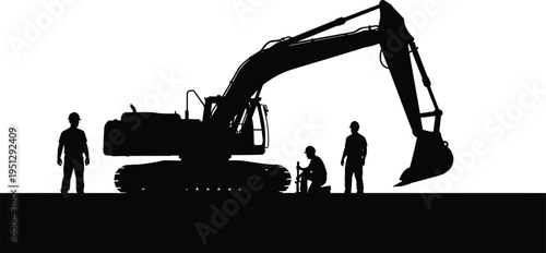 Silhouette of excavator with construction workers performing digging and ground work tasks, representing heavy machinery operations, manual labor and industrial infrastructure 