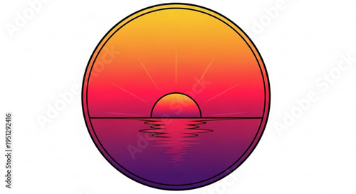 Sunset over calm ocean waters in a circular gradient illustration with vibrant pink purple and orange hues