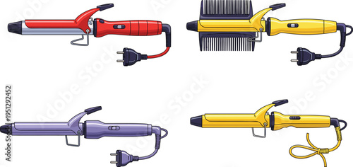 Electric curling irons vector illustration showing colorful hair styling tools with clamps, comb attachments, power cords, and professional beauty equipment