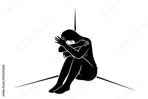 Woman Cowering in Fear Domestic Violence Victim Protection Awareness Abuse Prevention Black Vector Silhouette
