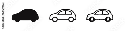 Car Icon Set. Simple vehicle transportation symbols for travel and automotive concepts, in solid, outline, and hand-drawn styles.