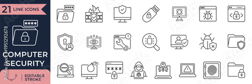 Computer security and cyber protection line icons for data privacy and network safety

