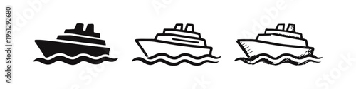 Ship and Boat Icons Set. Marine and ocean travel symbols, ideal for cruise lines or shipping, in solid, outline, and doodle styles.